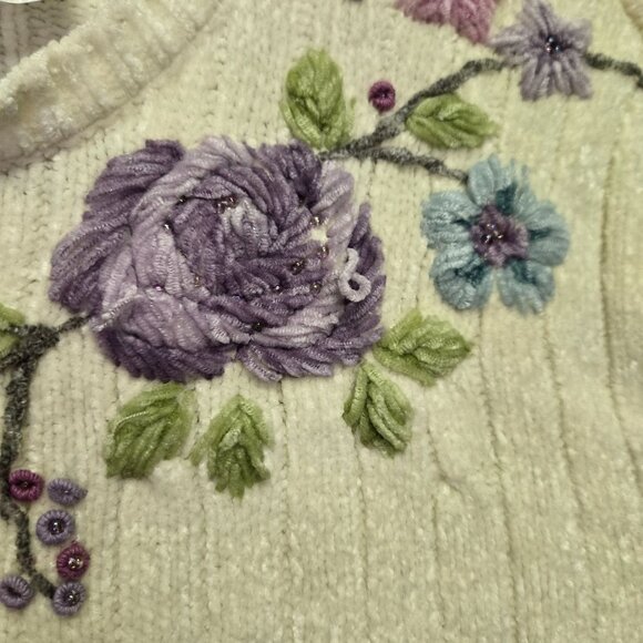 Alfred Dunner Grandmacore Cottage Cozy XL Cream Cable Knit Floral Embroidered Sw - Picture 5 of 9